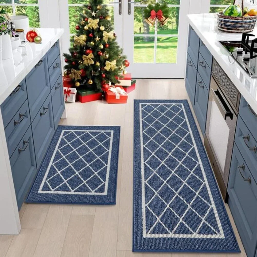 New Set of 2 Navy Blue Kitchen Rug, Washable, Non-Slip, Absorbent Floor Rugs